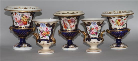 A garniture of three Derby campana shaped vases (a.f.) and a pair of ditto (5)